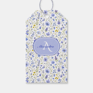 Étiquettes-cadeau Motif de fleur sauvage à l'aquarelle bleue avec no