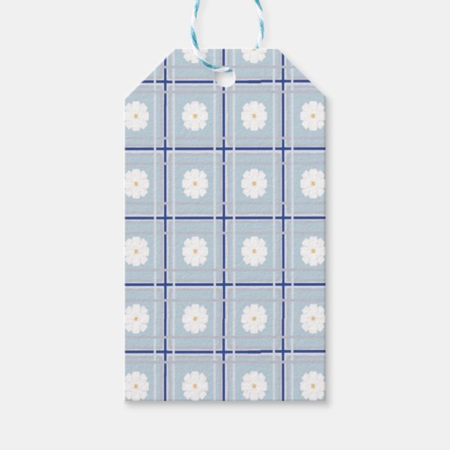 Étiquettes-cadeau Motif de marguerite à carreaux bleus (Devant)