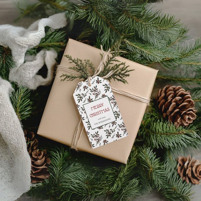 Étiquettes-cadeau Motif des baies botaniques de Noël Holly moderne (Holly Christmas Plant Berries Pattern gift tag)
