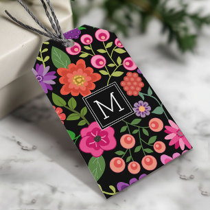 Étiquettes-cadeau Motif floral noir tendance avec Monogramme personn