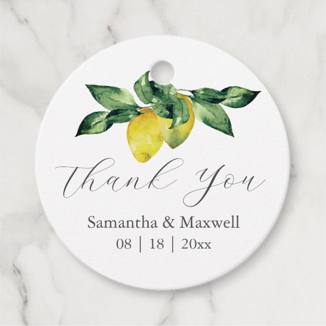 Étiquettes Cadeau Mots clés Favour mariage Aquarelle Citrons (Devant)