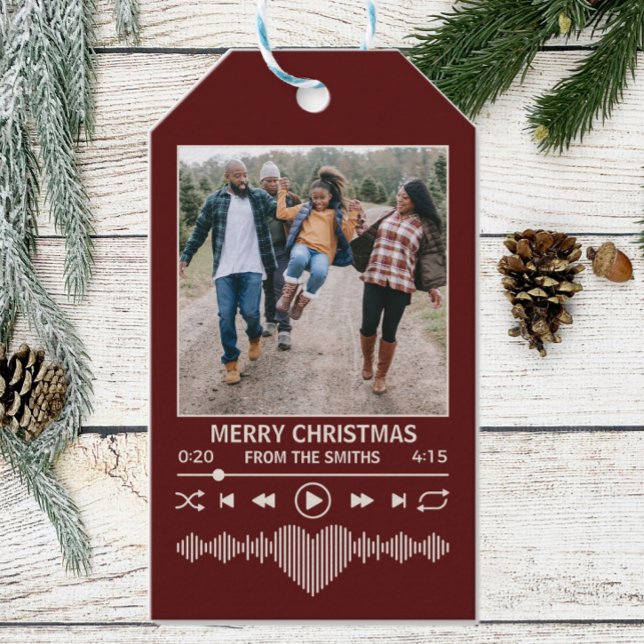 Étiquettes-cadeau Musique en streaming Joueur rouge Photo Noël (unique christmas tag - streaming music player themed with space for family photo)