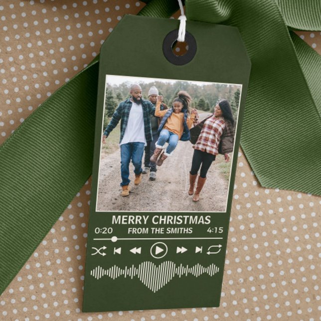 Étiquettes-cadeau Musique en streaming Joueur vert Photo Noël (green holiday gift tag with streaming music theme and space for a family photo as the album art)