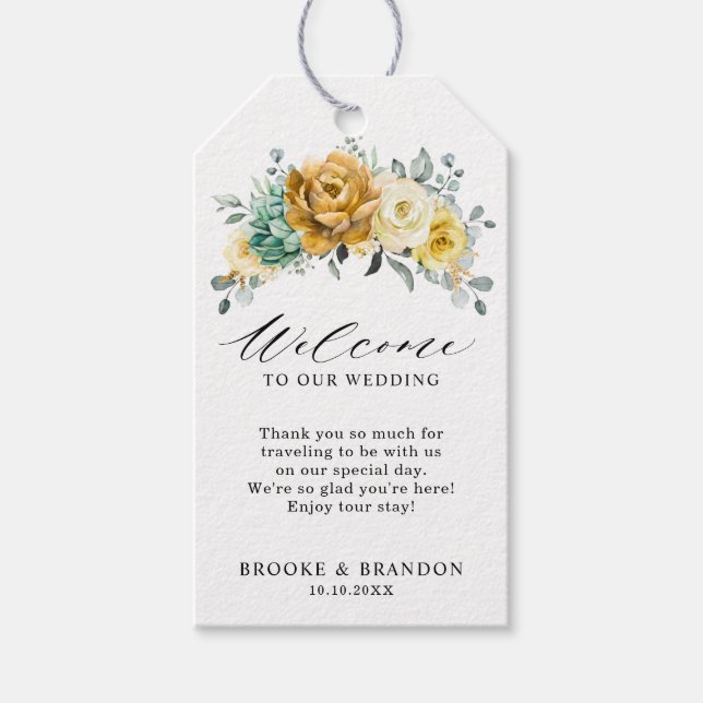 Étiquettes-cadeau Mustard Jaune Floral Sage Vert Mariage moderne (Devant)