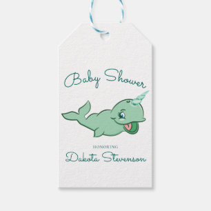 Étiquettes-cadeau Narwhal Green   Cute Mint Chibi Douche Cartoon