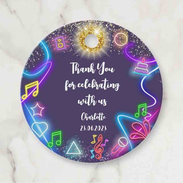 Étiquettes Cadeau Neon fête de danse anniversaire merci (Devant)