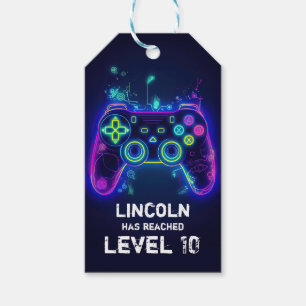 Étiquettes-cadeau Neon Gamer Arcade Video Game Level Up Anniversaire