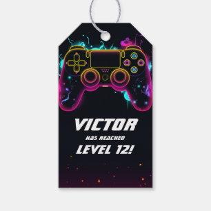 Étiquettes-cadeau Niveau de jeu vidéo sur Gamer Neon Anniversaire