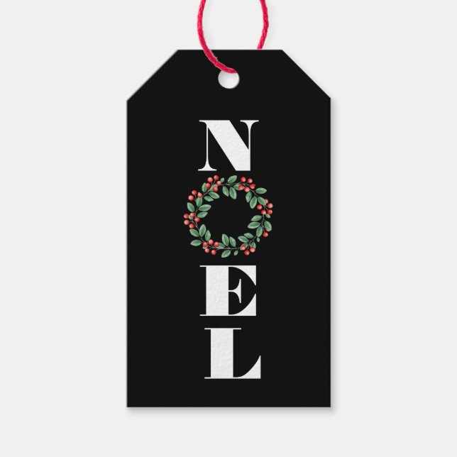 Étiquettes-cadeau NOEL avec couronne de Noël en noir (Devant)