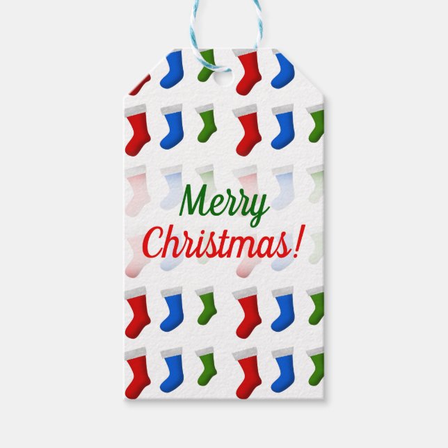 Étiquettes-cadeau Noël ; Bas de Noël rouges, bleus et verts (Devant)