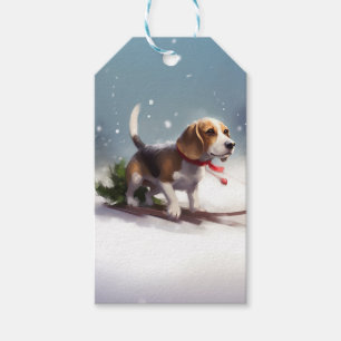 Étiquettes-cadeau Noël Beagle neige hiver
