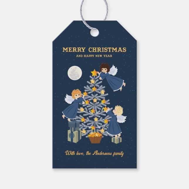 Étiquettes-cadeau Noël bleu or mignon bébé ange arbre (Devant)