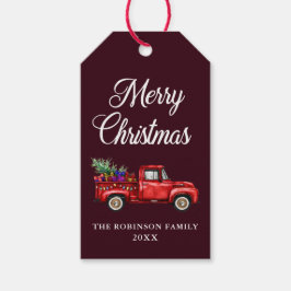 Étiquettes-cadeau Noël Camion Rouge Arbre Cadeaux Lumières Bourgogne