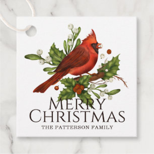 Étiquettes Cadeau Noël Cardinal Rouge Personnalisé avec Houx