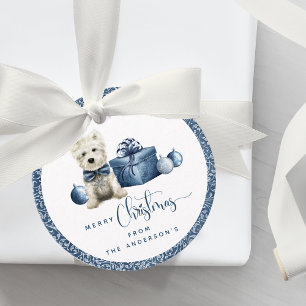 Étiquettes Cadeau Noël, Chiot Festif, Balle Bleue et Argent