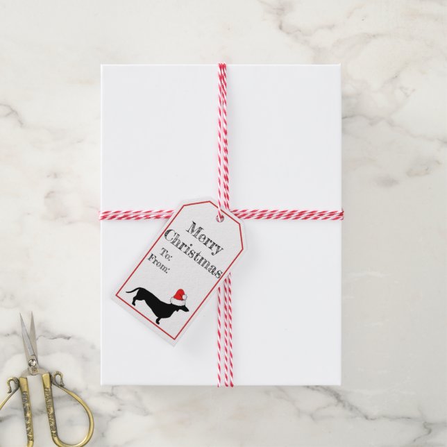 Étiquettes-cadeau Noël Dachshund & Santa Hat (Avec de la ficelle)