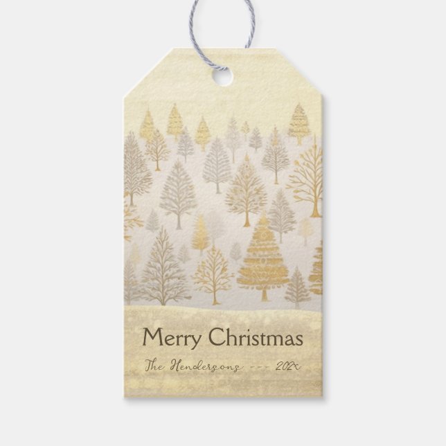 Étiquettes-cadeau Noël des pins d'argent d'or (Devant)
