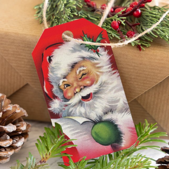 Étiquettes-cadeau Noël du Père Noël rétro (Retro Winking Santa Claus Christmas Gift Tags)