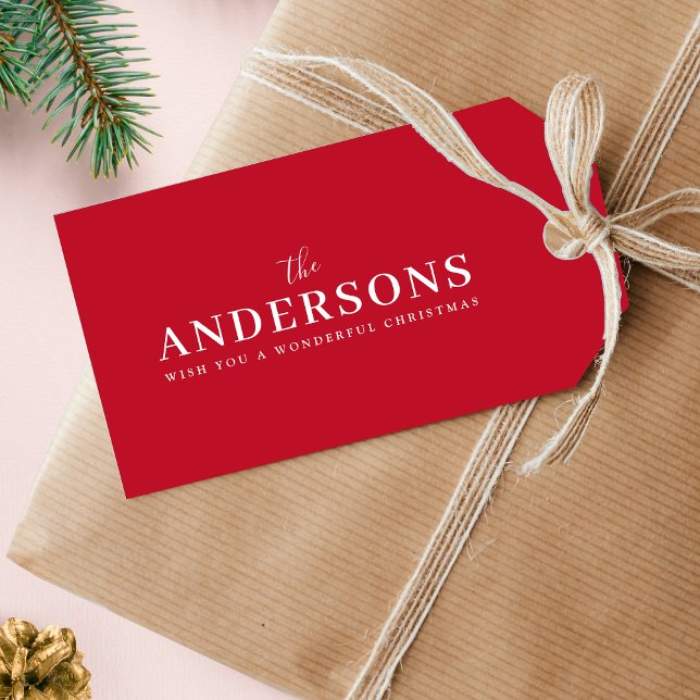 Étiquettes-cadeau Noël élégant | Nom rouge lumineux minimal moderne (Custom name Christmas tag design for elegant festive wrapping)