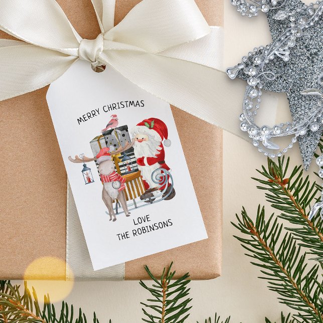 Étiquettes-cadeau Noël familial personnalisé père Noël et Reindeer (Fun christmas gift tags with santa and sleigh)