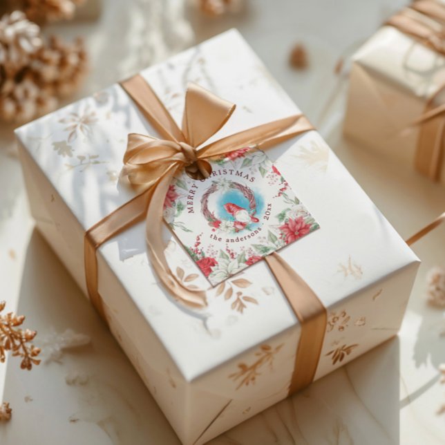 Étiquettes Cadeau Noël Gnome Fête Élégante Florale (Créateur téléchargé)