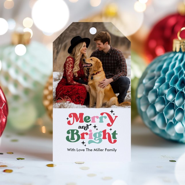 Étiquettes-cadeau Noël Joyeux Et Lumineux Vacances Rétro Colorées (Créateur téléchargé)