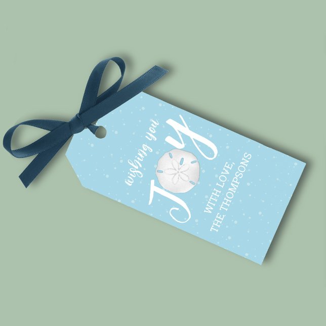 Étiquettes-cadeau Noël Joyeux Jote Typographie Sable Dollar (Turquoise blue ocean sand dollar JOY typography gift tag)