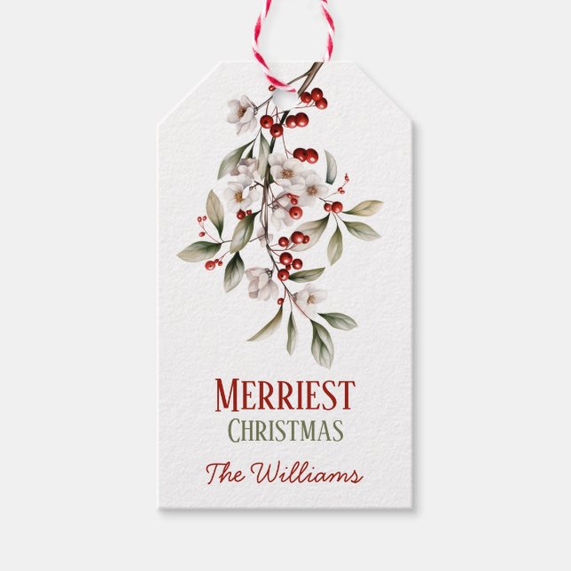 Étiquettes-cadeau Noël le plus joyeux + Mistletoe + Nom de famille (Devant)