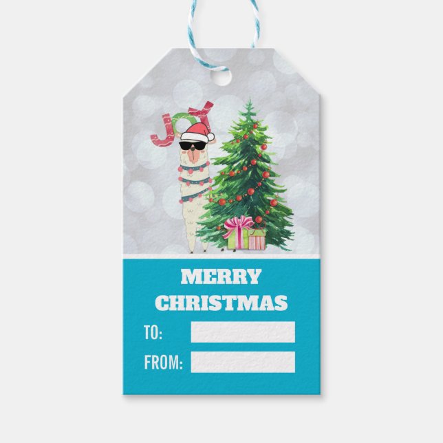 Étiquettes-cadeau Noël Llama | Joy Typography | Silver Bokeh (Devant)