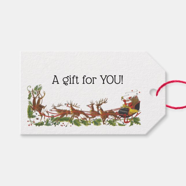 Étiquettes-cadeau Noël Noël Noël Père Noël Sleigh Reindeer frontière (Devant (Horizontal))