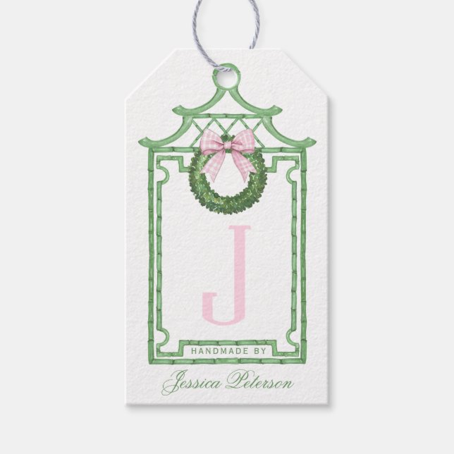Étiquettes-cadeau Noël Pagode Monogramme Chinoiserie Prépa  (Devant)