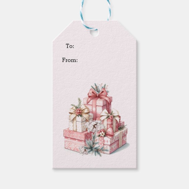 Étiquettes-cadeau Noël rose et blanc (Devant)