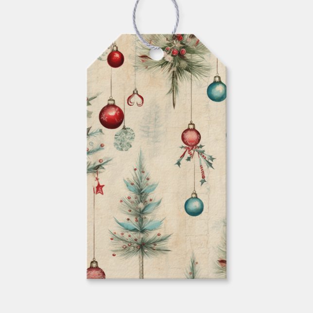 Étiquettes-cadeau Noël Rouge & Turquoise Arbre de Noël Ornemental (Devant)