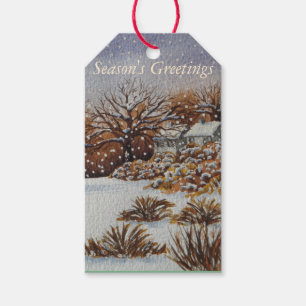 Étiquettes-cadeau Noël rural d'art de scène de neige de cottages