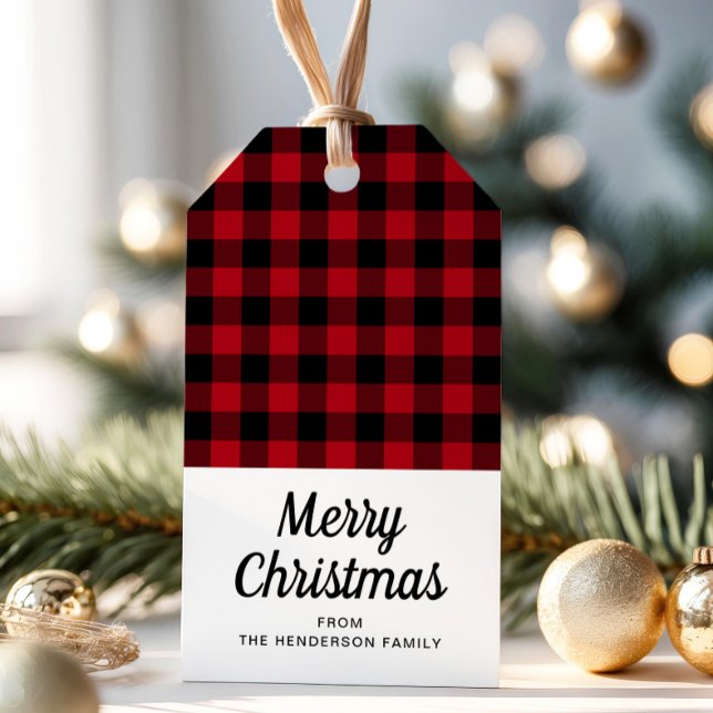 Étiquettes-cadeau Noël Russe Rouge Plaid Script (Rustic Red Plaid Script Christmas Gift Tags)