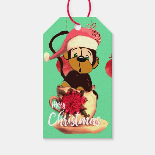 Étiquettes-cadeau Noël Singe Mignonne Vert Nom rouge (Devant)