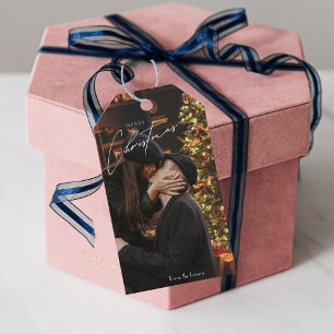 Étiquettes-cadeau Noël tendance moderne Photo romantique en couple