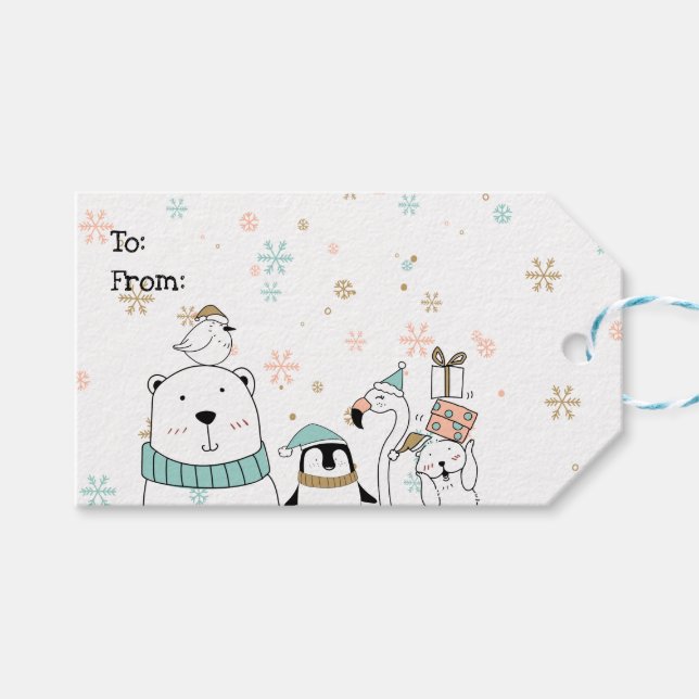 Étiquettes-cadeau Noël Vacances hiver Doodle Animaux (Devant (Horizontal))