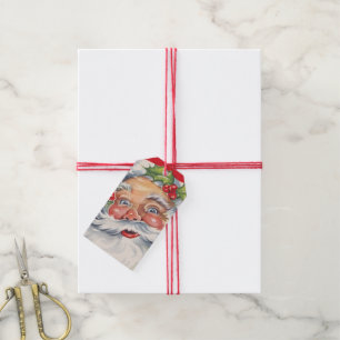 Étiquettes-cadeau Noël vintage, joyeux Père Noël avec son chapeau