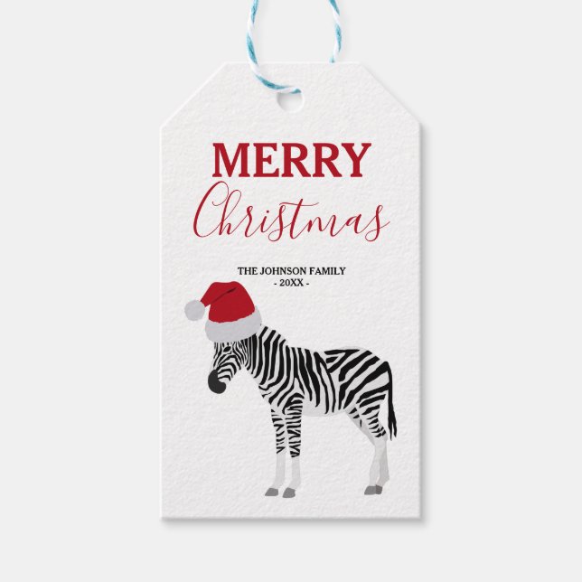 Étiquettes-cadeau Noël Zebra Funny Animal avec Santa Hat (Devant)