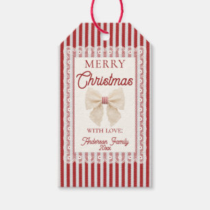 Étiquettes-cadeau Nœud en dentelle vintage rayures rouges rétro Noël