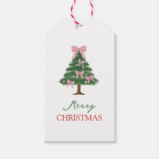 Étiquettes-cadeau Nœud rose coquette et sapin de Noël vert