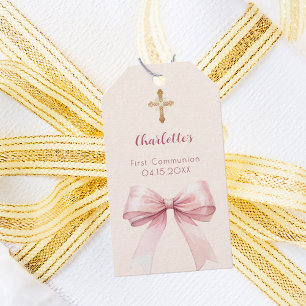 Étiquettes-cadeau Nœud rose pâle de première communion croix ivoire 