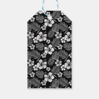 ÉTIQUETTES-CADEAU NOIR AVEC FLEURS HIBISQUES BLANCHES TROPICALES