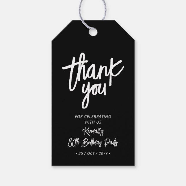 Étiquettes-cadeau Noir & Blanc | Chic 80e anniversaire Merci de fête (Devant)