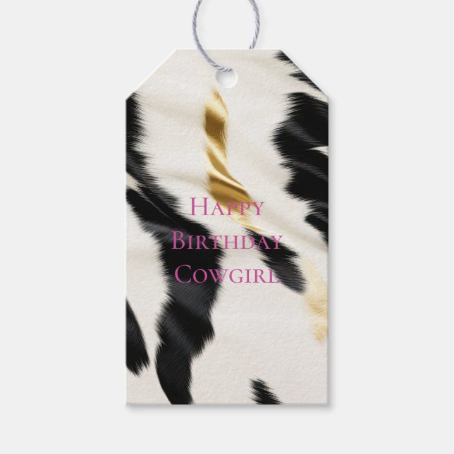 Étiquettes-cadeau Noir Blanc Or Cowhide Anniversaire (Devant)