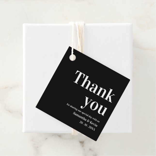 Étiquettes Cadeau Noir Blanc Simple Merci Message Party de mariage (En situation)