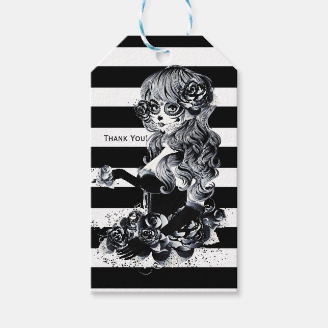 Étiquettes-cadeau Noir & Blanc Striped Joli Crâne de sucre fille (Devant)