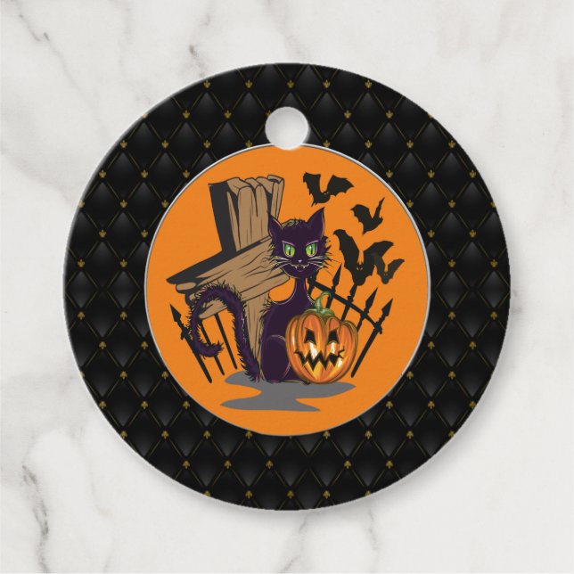 Étiquettes Cadeau Noir Boarder Chat Noir Tombstone Bats Halloween (Devant)