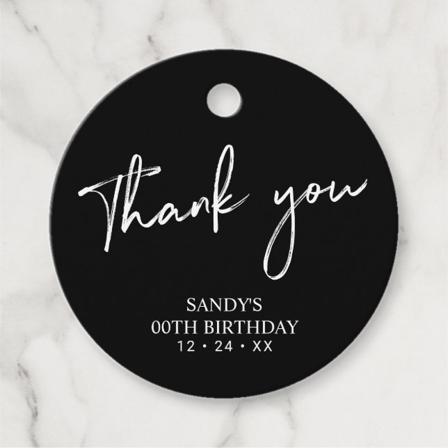 Étiquettes Cadeau Noir Brush Script Anniversaire Fête Merci Favorise (Devant)